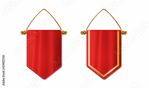 3d realistic vector icon set. red mockup hanging pennant in , hanging banner flag. 