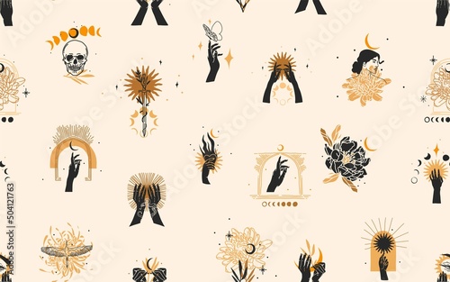 Hand drawn vector abstract stock flat graphic illustration with logo element,bohemian magic line art seamless pattern of woman hand,gold sun,star and moon phase in simple style,feminine astrology.