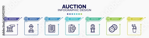 infographic for auction concept. vector infographic template with icons and 7 option or steps. included bank rate, miner, explanation, instruction, old watch, casino chip, auctioneer editable