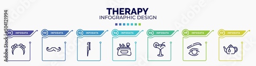 infographic for therapy concept. vector infographic template with icons and 7 option or steps. included headbands, long hipster moustache, hairbrush, cosmetic case, martini glass with straw, eye