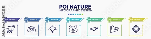 infographic for poi nature concept. vector infographic template with icons and 7 option or steps. included black sheep, dog food bowl, stingray with long tail, farm pig, whale swimming, chameleon