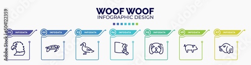 infographic for woof woof concept. vector infographic template with icons and 7 option or steps. included eagle head, swimming turtle, wild duck, hog head, null, pig with round tail, angry dog