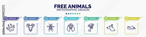 infographic for free animals concept. vector infographic template with icons and 7 option or steps. included animal paw print, goat head, big mosquito, bas hound dog head, chewing bone for dog,