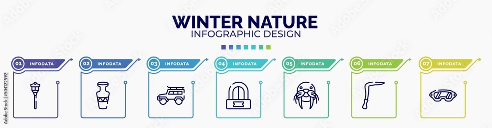 infographic for winter nature concept. vector infographic template with icons and 7 option or steps. included street light, vase, , ticket office, walrus, scythe, safety glasses editable vector.