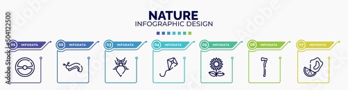 infographic for nature concept. vector infographic template with icons and 7 option or steps. included steering wheel, slug, leaf insect, kite, sunflowers, axe, mussel editable vector.
