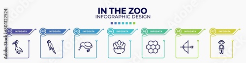 infographic for in the zoo concept. vector infographic template with icons and 7 option or steps. included pelican, parrot, kiwi, pearl, moss, archery, guard editable vector. photo