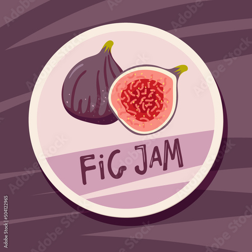 Fig jam label. Two figs, whole and half with inscription. Homemade preparations and canning. Farmer Market Branding Flat vector design for menu, cafe, farmers market, recipe, poster, sticker.