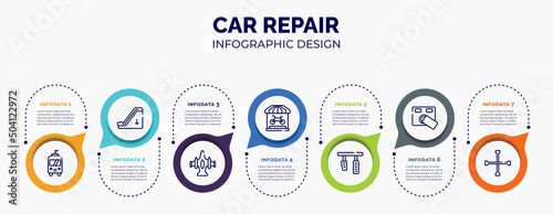 infographic for car repair concept. vector infographic template with icons and 7 option or steps. included trolley bus, or down, army airplane bottom view, bike shop, brake pedal, access control,