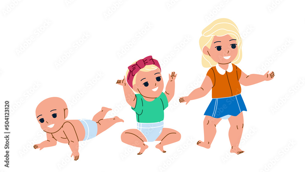 Baby Girl Growing To Schoolgirl Maturity Vector. Toddler Baby Girl Grow To Preschooler, Infant Life And Development. Character Child In Diaper And Cute Clothes Flat Cartoon Illustration Baby Girl Growing To Schoolgirl Maturity Vector. Toddler Baby Girl Grow To Preschooler, Infant Life And Development. Character Child In Diaper And Cute Clothes Flat Cartoon Illustration