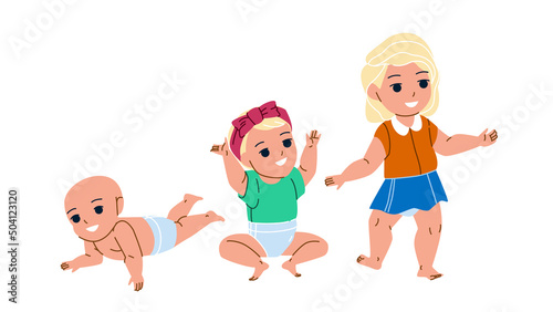 Baby Girl Growing To Schoolgirl Maturity Vector. Toddler Baby Girl Grow To Preschooler, Infant Life And Development. Character Child In Diaper And Cute Clothes Flat Cartoon Illustration