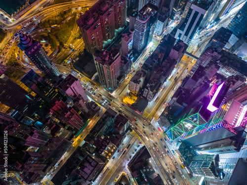 Top view of Hong Kong city traffic at night © leungchopan