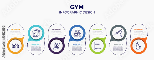 infographic for gym concept. vector infographic template with icons and 7 option or steps. included football team, whole wheat bread, wakeboarding, baseball team, diving board, fishing line, food