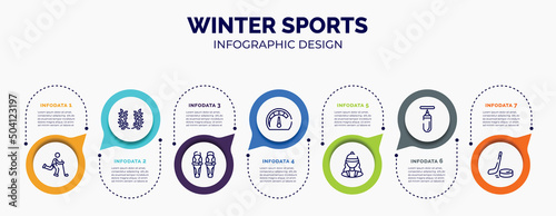 infographic for winter sports concept. vector infographic template with icons and 7 option or steps. included bowman, laurel wreath, shin, mph, horsewoman, sand bag, puck for abstract background.