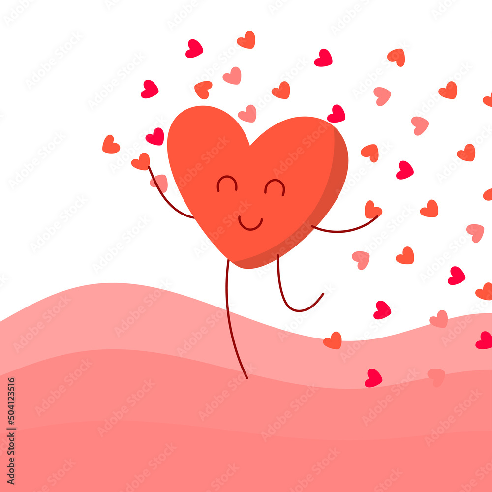 Red cartoon heart running with little hearts. Valentine's day card. Vector illustration