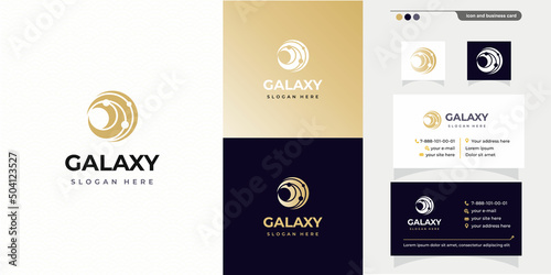 Galaxy Logo template with creative modern concept logo and business card design premium. Orbit planets in round icon for logo IT  concept design from space exploration  astrology. Vector illustration