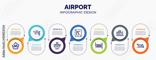 infographic for airport concept. vector infographic template with icons and 7 option or steps. included ecological bicycle transport, graduate cap, bridge on avenue perspective, no can, zebra