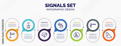 infographic for signals set concept. vector infographic template with icons and 7 option or steps. included plain flag, public fountain, electrocardiogram inside heart, slip, wheelchair side view,