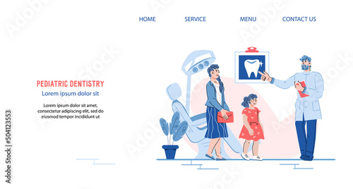 Pediatric dentistry website interface, flat vector illustration. Landing page or presentation slide with child visiting dentist.