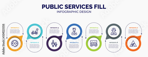 infographic for public services fill concept. vector infographic template with icons and 7 option or steps. included railroad crossing, bike parking, mother and child, valet, bed, parking worker,