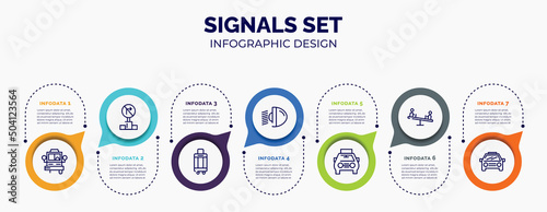 infographic for signals set concept. vector infographic template with icons and 7 option or steps. included bus front with driver, no turn right, hand luggage, car light, solar taxi, children on