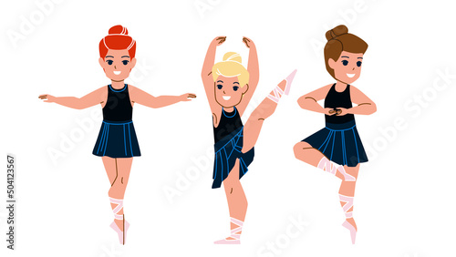 Girls Children Dancing Ballet In Classroom Vector. Schoolgirls Kids Practicing And Exercising Ballet Motion In Class Room Togetherness. Characters Dance Performance Flat Cartoon Illustration