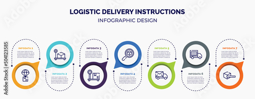 infographic for logistic delivery instructions concept. vector infographic template with icons and 7 option or steps. included parachute box, box weight, box on delivery scale, delivery search, mail
