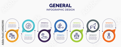 infographic for general concept. vector infographic template with icons and 7 option or steps. included pair of binoculars, save water badge, sand, poor, bridge on avenue perspective, wolf howling, photo