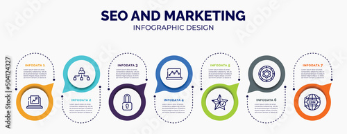 infographic for seo and marketing concept. vector infographic template with icons and 7 option or steps. included trending, org, locked padlock, graph notebook, favorites, function, cdn for abstract