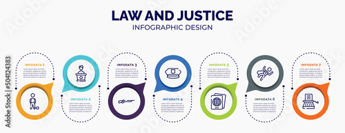 infographic for law and justice concept. vector infographic template with icons and 7 option or steps. included convict, counsel, shotgun, police cap, immigration, crime scene, stenographer for
