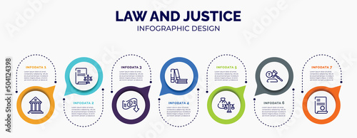 infographic for law and justice concept. vector infographic template with icons and 7 option or steps. included court, corporative law, bankruptcy, practise areas, inheritance law, ask a lawyer,