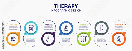 infographic for therapy concept. vector infographic template with icons and 7 option or steps. included massage ball, antidepressants, pear enema, fluid, sample tube, instruments, rehabilitation for