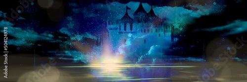 Silhouettes of beautiful European castles floating in the deep lake on a starry night 