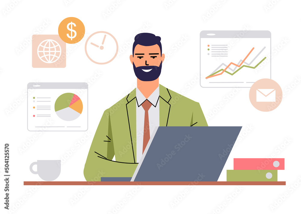 Elegant bearded man in suit sitting at the computer. Businessman, marketer, working on laptop isolated on white background. The concept of the work of a manager, business analyst. Flat vector. Elegant bearded man in suit sitting at the computer. Businessman, marketer, working on laptop isolated on white background. The concept of the work of a manager, business analyst. Flat vector.