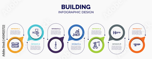 infographic for building concept. vector infographic template with icons and 7 option or steps. included boards, spray gun, null, bulldozing, small crane, calipers, sealant for abstract background.