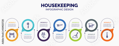 infographic for housekeeping concept. vector infographic template with icons and 7 option or steps. included road panel, wood cutter, electrical plug, metal saw, sand, wheelbarrow full, toilet brush photo