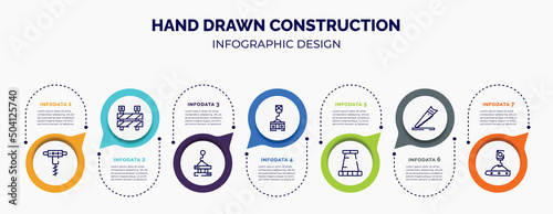 infographic for hand drawn construction concept. vector infographic template with icons and 7 option or steps. included pickaxes drilling, barrier construction limit tool, derrick with pallet, crane
