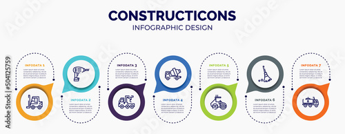 infographic for constructicons concept. vector infographic template with icons and 7 option or steps. included forklift tool, drill, truck with crane, cement truck, roller hine of construction,
