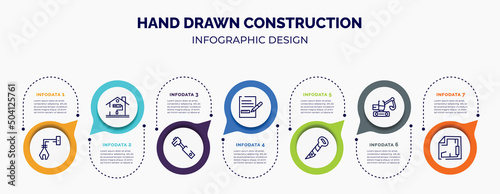 infographic for hand drawn construction concept. vector infographic template with icons and 7 option or steps. included derrick with tong, painting home, tool diagonal, measures plan, screw hand
