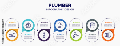 infographic for plumber concept. vector infographic template with icons and 7 option or steps. included wood plane, cross stitch, car key, empty battery, spray paint gun, water bucket, radiator for