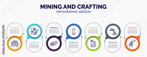 infographic for mining and crafting concept. vector infographic template with icons and 7 option or steps. included green power, decoupage, woods, tailor, engine oil, furnace, crucible for abstract