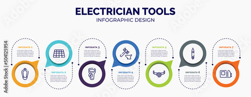 infographic for electrician tools concept. vector infographic template with icons and 7 option or steps. included urinal, tiles, multimeter, blacksmith, sawmill, voltage indicator, welding hine for