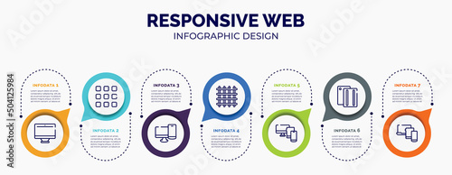 infographic for responsive web concept. vector infographic template with icons and 7 option or steps. included monitors, nine squares, pc and phone, big grid, monitor tablet and smartphone, case,