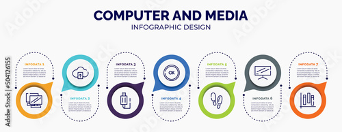 infographic for computer and media concept. vector infographic template with icons and 7 option or steps. included notebook double tool image, cloud upload, usb plug, ok button, footsteps,