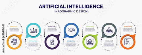 infographic for artificial intelligence concept. vector infographic template with icons and 7 option or steps. included video production, uploading, energy drink, virtual reality, hacking, security