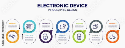 infographic for electronic device concept. vector infographic template with icons and 7 option or steps. included testimony, station, pinch, coffee break, high, followers, virtual reality glasses