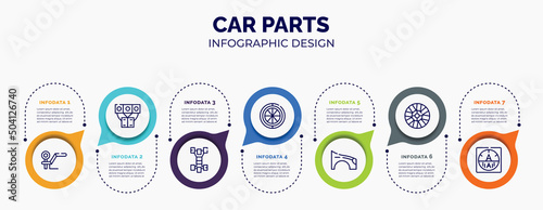 infographic for car parts concept. vector infographic template with icons and 7 option or steps. included car towbar, car manifold, chassis, spare wheel, fender (us, canadian), hubcap, ammeter for