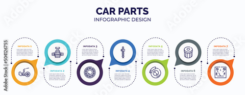 infographic for car parts concept. vector infographic template with icons and 7 option or steps. included car exhaust, car jack, bearing, coil, disc brake, oil filter, petrol gauge for abstract