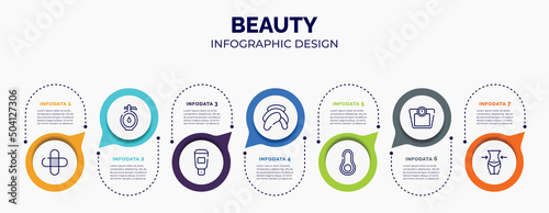 infographic for beauty concept. vector infographic template with icons and 7 option or steps. included band aid, doser, hair softener, head towel, avocado, weighing scale, waist for abstract