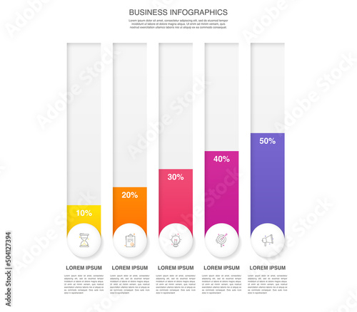 Infographics vector with 5 columns. Business concept graphic process template with five steps and circles. Graphic timeline for app, website, interface, chart, levels, web, diagram, banner