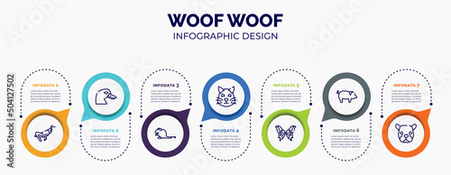 infographic for woof woof concept. vector infographic template with icons and 7 option or steps. included grasshopper sitting, duck head, sitting mouse, pet cat, butterfly wings, pig with round